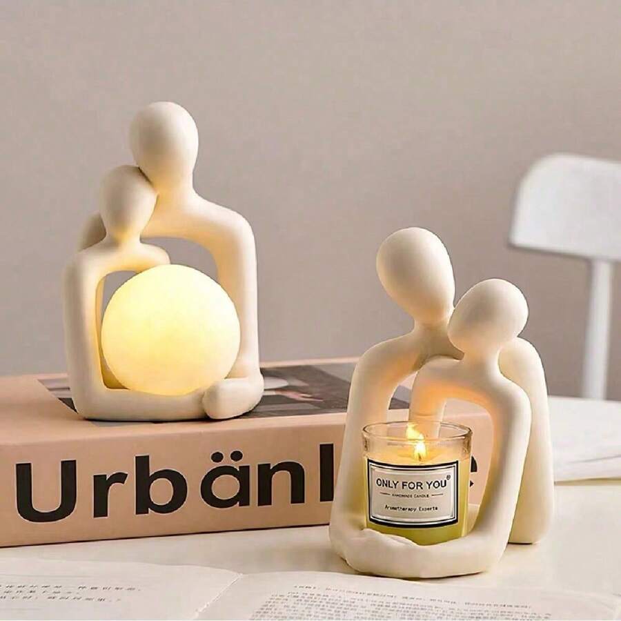 抽象情侣雕像烛台，北欧抽象人物艺术情侣摆件夜灯拥抱情侣雕塑树脂爱情雕像现代家居办公室装饰床头柜和梳妆台，架子装饰美观，理想的礼物