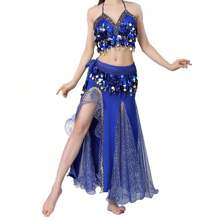3pcs Women's Belly Dance Costume Set, Including Belly Dance Bra, Belt And Chiffon Skirt, Professional Outfit - Multicolor - View 13
