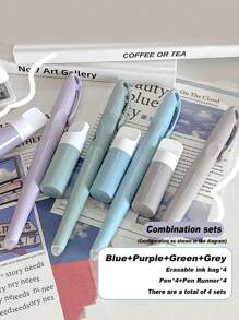 1 Set Cartoon Ink Cartridge Fountain Pen Set, Blue, Green, Grey, Purple, Clear Blue Pen Refills, Suitable For Students, Erasable And Replaceable Ink Cartridge Practice Pen Back To School
