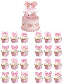 25 piezas Decoraciones para cupcakes con lazos rosados para fiestas de cumpleaños, Adornos para tartas con lazos rosas para despedida de soltera y bodas, Accesorios para fotografías "Cake Smash" en fiestas