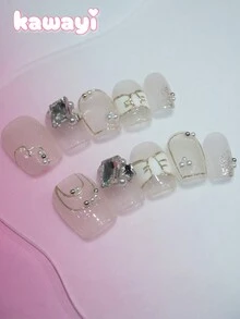 10 件/包超短梯形指甲贴，手绘可爱裸色蝴蝶结珍珠 3D 水钻美甲装饰，优质可重复使用指甲贴纸，适合日常佩戴 - 無色 - 查看 1