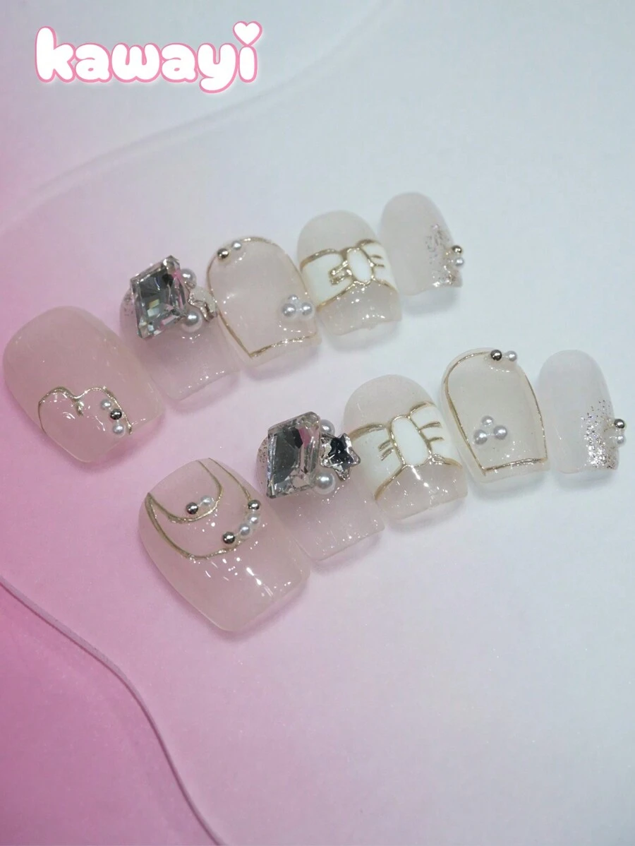 10 件/包超短梯形指甲贴，手绘可爱裸色蝴蝶结珍珠 3D 水钻美甲装饰，优质可重复使用指甲贴纸，适合日常佩戴 - 無色 - 查看 1