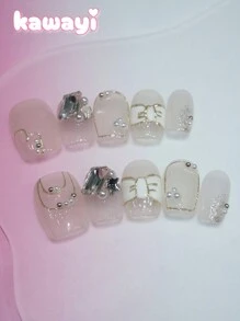 10 件/包超短梯形指甲贴，手绘可爱裸色蝴蝶结珍珠 3D 水钻美甲装饰，优质可重复使用指甲贴纸，适合日常佩戴 - 無色 - 查看 4