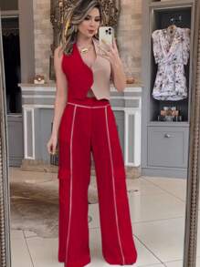 WOMEN'S SET ELEGANT CLASSIC VEST WIDE LEG CARGO PANTS - 紅木色 - 查看 2