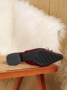 Summer New Burgundy Open Back Mule Slippers For Women, Small Square Pointed Toe, Bowknot Decor, Chunky Heel - Burgundy - View 6