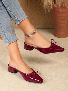 Summer New Burgundy Open Back Mule Slippers For Women, Small Square Pointed Toe, Bowknot Decor, Chunky Heel - Burgundy - View 3
