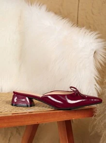 Summer New Burgundy Open Back Mule Slippers For Women, Small Square Pointed Toe, Bowknot Decor, Chunky Heel - Burgundy - View 5