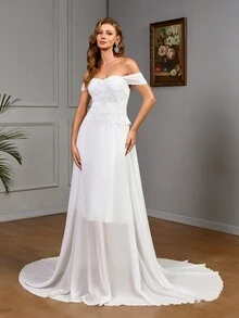 Off Shoulder Simple Plain Long Wedding Dress With Mesh Panel - White - View 4