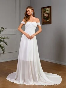 Off Shoulder Simple Plain Long Wedding Dress With Mesh Panel - White - View 3