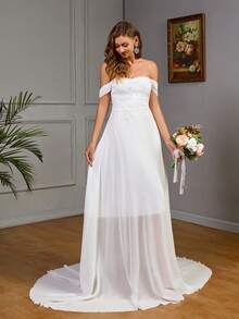 Off Shoulder Simple Plain Long Wedding Dress With Mesh Panel - White - View 6