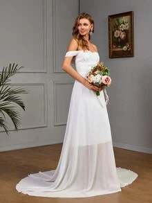 Off Shoulder Simple Plain Long Wedding Dress With Mesh Panel - White - View 5