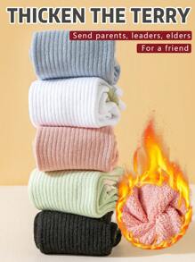 5 双女士条纹厚中筒袜，适合秋冬季，保暖毛巾袜，防臭，透气袜子，学院风运动长袜，纯色，百搭，可搭配打底裤 - 彩色 - 查看 3