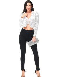 Womens Shiny Sequin Long Sleeve Glitter Cropped Blazer Bolero Shrug - 白色 - 查看 4