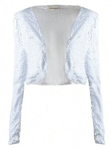 Womens Shiny Sequin Long Sleeve Glitter Cropped Blazer Bolero Shrug - 白色 - 查看 5