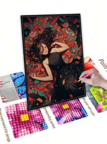 5D DIY 钻石画套装，马赛克艺术品优雅女人肖像，钻石艺术家居装饰墙画，圣诞节、万圣节、感恩节送给朋友的礼物 - 黑色 - 查看 4