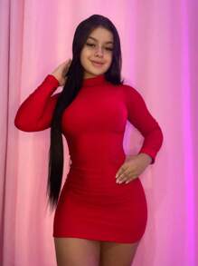 LONG SLEEVE HIGH NECK TUBE DRESS - Đỏ - Xem 3