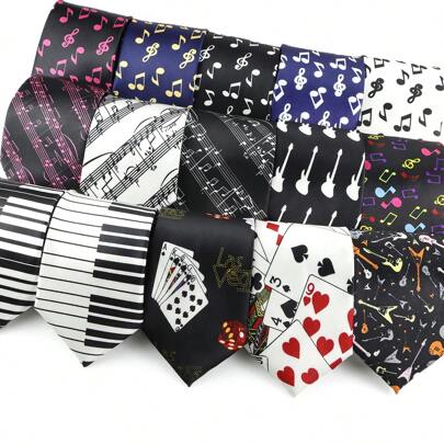 ZONFAZ 1pc Men Musical Note, Music Sheet, Piano Keys, Playing Card Pattern Business Fashion Necktie, 8cm Width Satin Texture, Suitable For Music Performance, Ceremony, Wedding, Party Matching Men Necktie