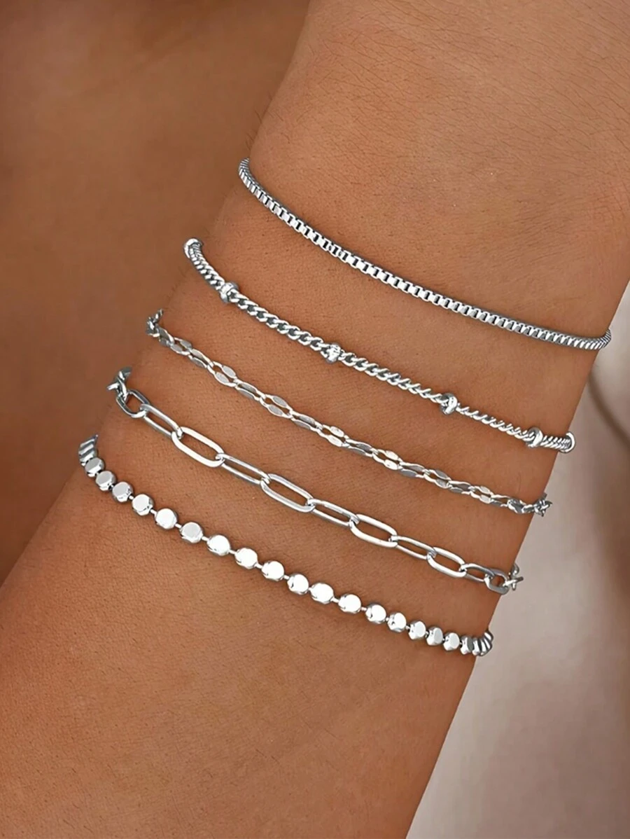 5pcs/Set Fashion Women Chain & Beaded Bracelet Set (Random Bead Quantity, Fixed Length) - Silver - View 1