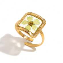 1 件复古小众设计 18K 镀金不锈钢锤纹透明树脂椭圆形开口花戒指，适合女性日常搭配、朋友礼物 - 金色 - 查看 3