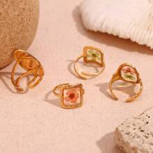 1 件复古小众设计 18K 镀金不锈钢锤纹透明树脂椭圆形开口花戒指，适合女性日常搭配、朋友礼物 - 金色 - 查看 2