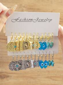 12 件简约个性化硬币、眼睛、雏菊花、绿松石、星形吊坠耳环套装，金属首饰配件，适合日常佩戴和派对，是送给女性和女孩的绝佳礼物 - 金屬耳圈套裝 - 查看 5