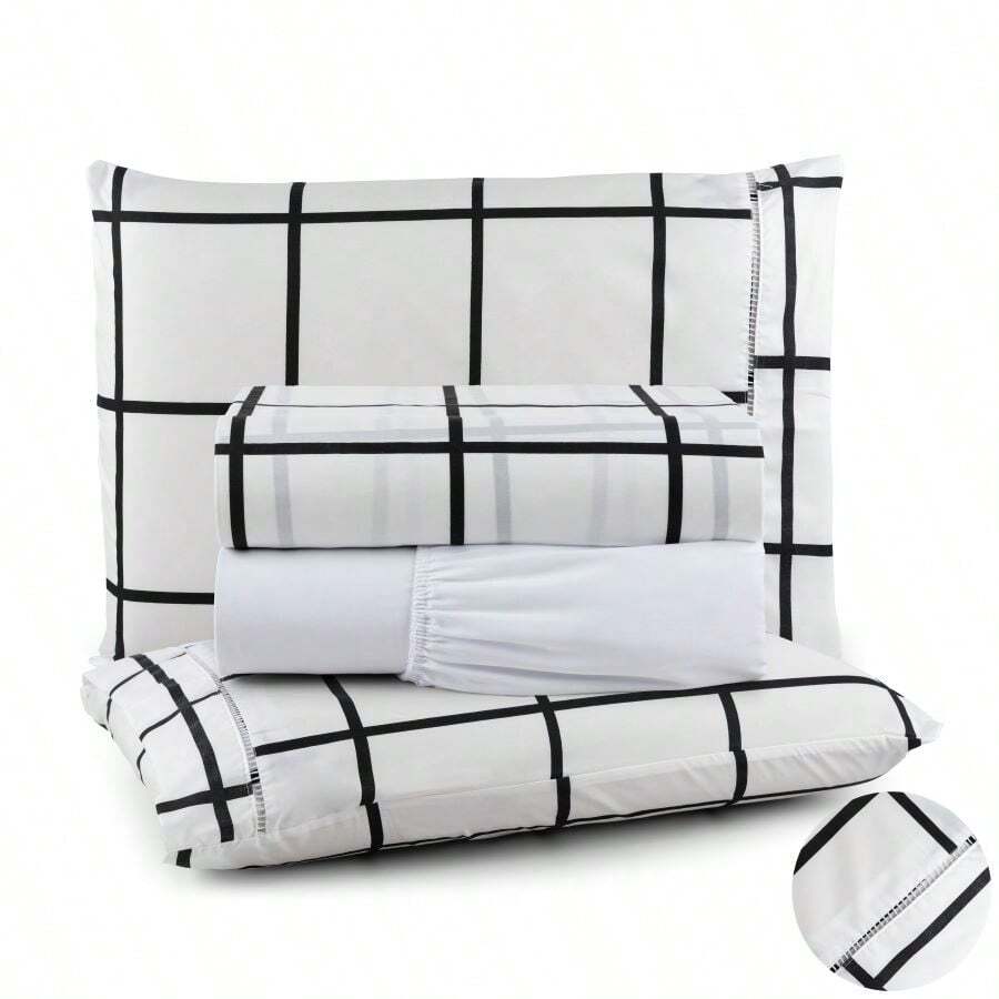 Queen Compose Printed 4-Piece Bed Sheet Set, 400 Thread Count, Soft Touch - 白色 - 查看 1