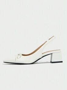 女士闭趾蝴蝶结装饰纯色高跟鞋，时尚舒适的后系带粗跟鞋，优雅百搭，适合日常通勤、派对、正式场合，秋冬季节、白色情人节等场合穿着，尽显优雅气质。 - 白色 - 查看 6