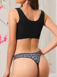Morvia Leopard Print Lace Trim Sexy Thong - Dark Grey - View 2