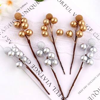 20 Pcs Glitter Christmas Artificial Berries Gold/Silver Simulated Wreath Fake Berries 10cm DIY Gift Box Decorative Berries