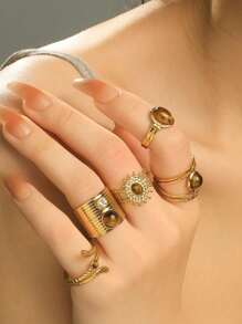 Bộ nhẫn hở nhiều lớp bằng thép không gỉ thời trang cổ điển màu nâu Zirconia đá tự nhiên thiết kế mặt trời, phù hợp cho phụ nữ đeo hàng ngày, Halloween, Ngày lễ tình nhân, Quà tặng ngày lễ Tạ ơn, Trang sức cho bạn bè, Tiệc du lịch Hawaii - Nhiều màu - Xem 14