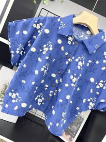 ELLIE Casual Striped Print Loose Cropped Shirt - 寶藍色 - 查看 2