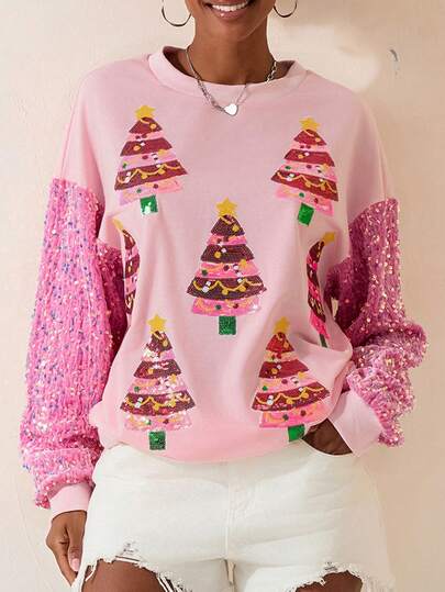 Women's Casual Loose Christmas Tree Print Crew Neck Long Sleeve Sweatshirt