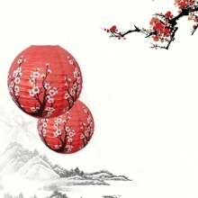 1pc Traditional Japanese Style Red Plum Blossom Paper Lantern, Round Festival Hanging Lamp For Valentine's Day, New Year Home Decor, Restaurant, Graduation, Wedding, Party, Cultural Festival, Also Symbolizes Family Reunion