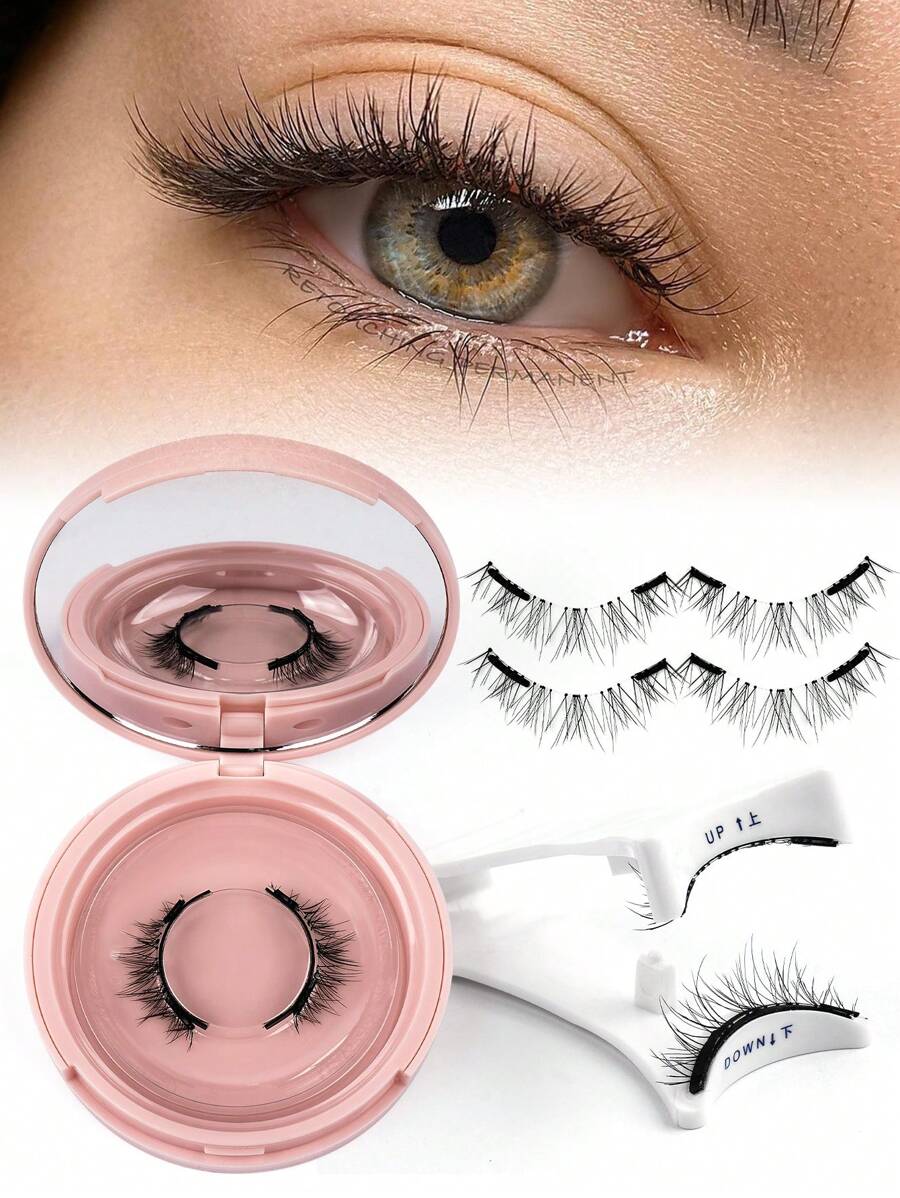 1 Pair C Curl Magnetic False Eyelashes Kit With Mirror & Applicator Glue-Free Eyelashes 3D Natural Manga Eyelashes Cat Eye Fluffy Faux Mink Eye Lashes - 黑色 - 查看 1