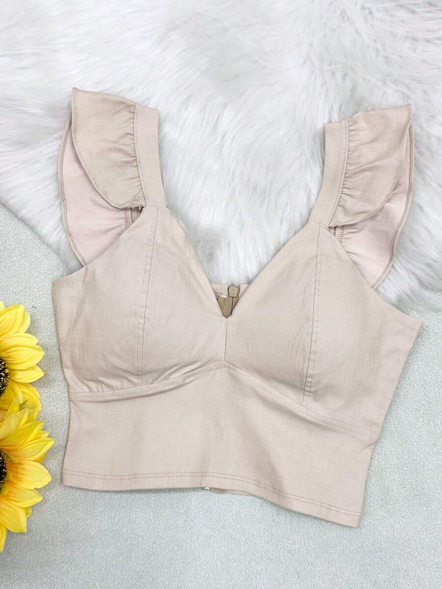 Cropped Blouse With Padding And Back Zipper - 杏色 - 查看 1