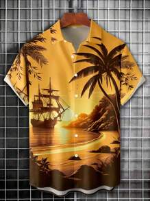 Plus Size Men's Hawaiian Sunset Seascape 3D Digital Print Button Pocket Short Sleeve Shirt, Summer