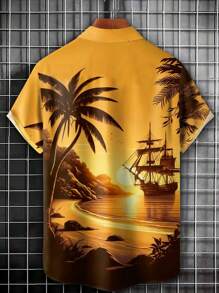 Plus Size Men's Hawaiian Sunset Seascape 3D Digital Print Button Pocket Short Sleeve Shirt, Summer
