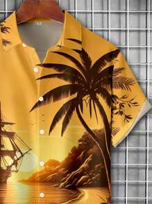 Plus Size Men's Hawaiian Sunset Seascape 3D Digital Print Button Pocket Short Sleeve Shirt, Summer