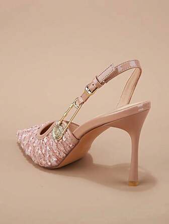 Women's Sequin Fabric Pointed Toe Evening Banquet Style Low Vamp High Heel Sandals, Elegant French Mary Jane Style High Heels