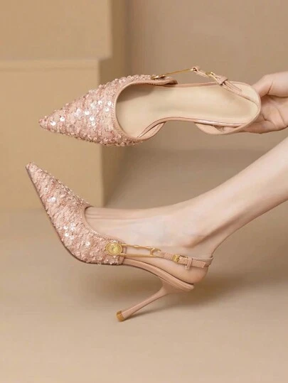 Women's Sequin Fabric Pointed Toe Evening Banquet Style Low Vamp High Heel Sandals, Elegant French Mary Jane Style High Heels