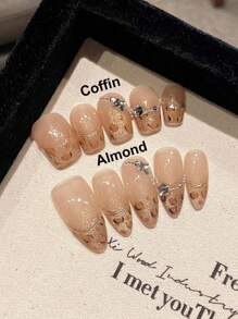 10Pcs Set Holographic Leopard Print French Elegant Style Rhinestone Decor Atmosphere Effect Almond Shaped Artificial Nail Patches Press On Nails Nail Supplies Nails - Multicolor - View 2