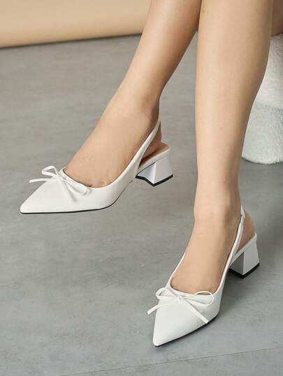Zapatos de tacón alto con decoración de lazo de unicolor y punta cerrada para mujer, bombas de tacón grueso cómodas y de moda con correa, elegantes para uso diario, fiestas y ocasiones formales, adecuados para otoño/invierno, blanco, elegante