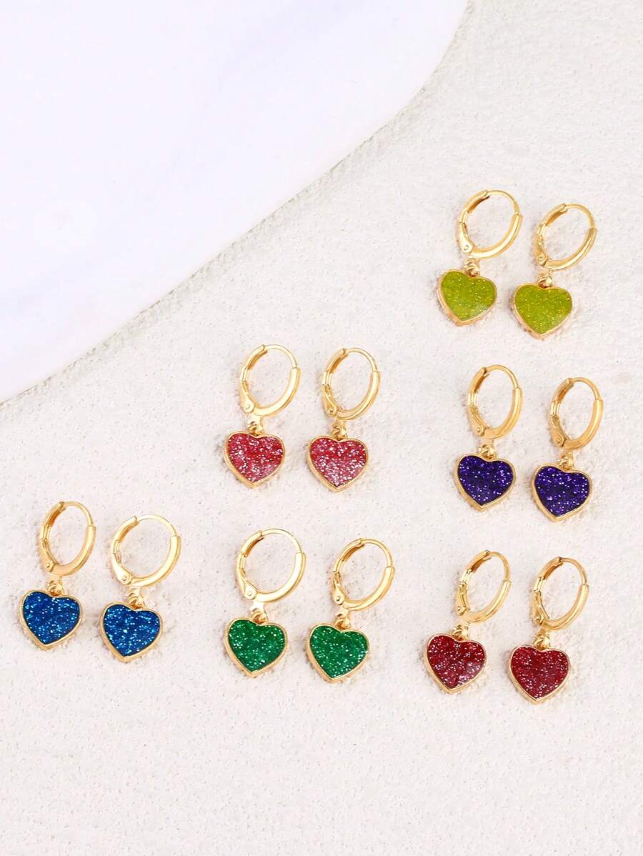 奢华欧美风格合金滴油心形吊坠耳环，高端时尚铜耳环圈，女士 - 耳環 - 查看 1