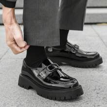 男士厚底系带便鞋休闲鞋，真皮正装鞋，透气防滑 - 黑色 - 查看 1