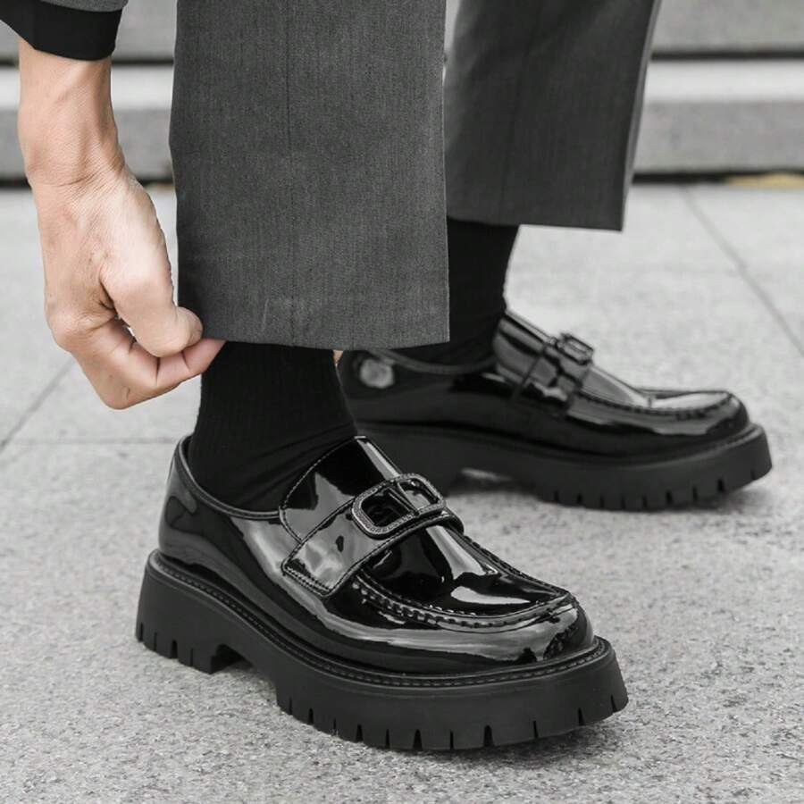 男士厚底系带便鞋休闲鞋，真皮正装鞋，透气防滑 - 黑色 - 查看 1