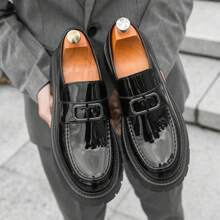 男士厚底系带便鞋休闲鞋，真皮正装鞋，透气防滑 - 黑色 - 查看 4