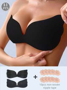 11件/(1件连体侧翼文胸+10件无纺布乳头贴)隐形文胸连体侧翼聚拢罩杯婚纱聚拢文胸/吊带隐形防凸乳头贴透气超薄 - 黑色 - 查看 2