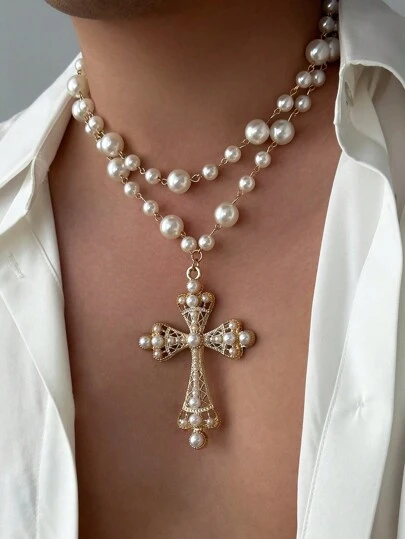 2pcs/Set Fashion Hiphop Style Asymmetrical Layered Faux Pearl & Metal Cross Pendant Necklace Set, Vintage Gothic Style Beaded Necklace For Men