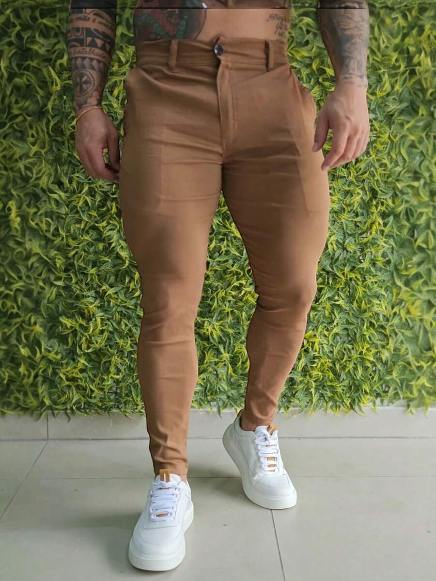 Men's Tailored Trousers Skinny Bengaline With Elastane, Side Knife Pocket And Back Pocket, Zipper And Social Button - 摩卡棕 - 查看 1