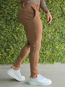 Men's Tailored Trousers Skinny Bengaline With Elastane, Side Knife Pocket And Back Pocket, Zipper And Social Button - 摩卡棕 - 查看 2